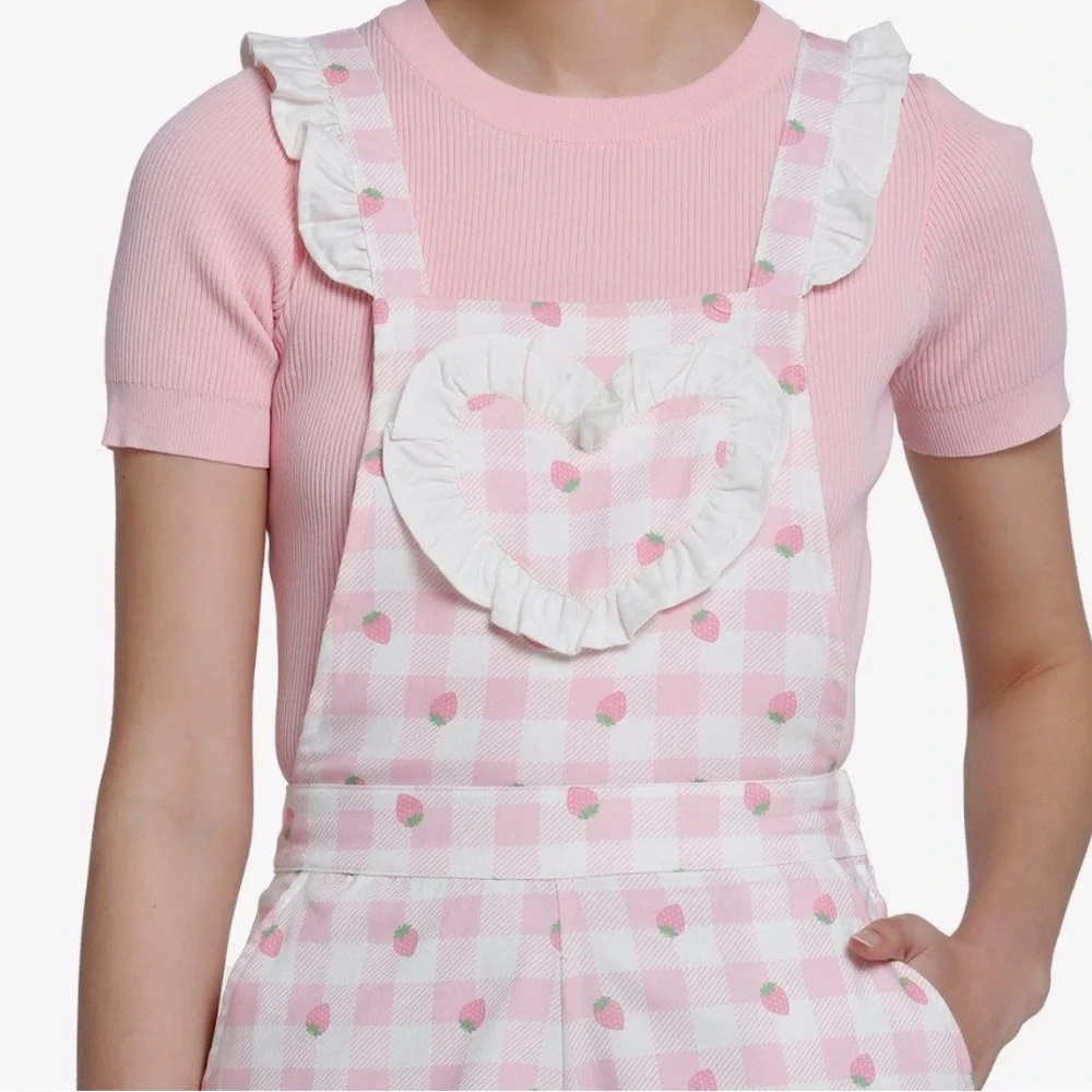 Sweet Society Strawberry Gingham Ruffle Shortalls Hot‎ Topic